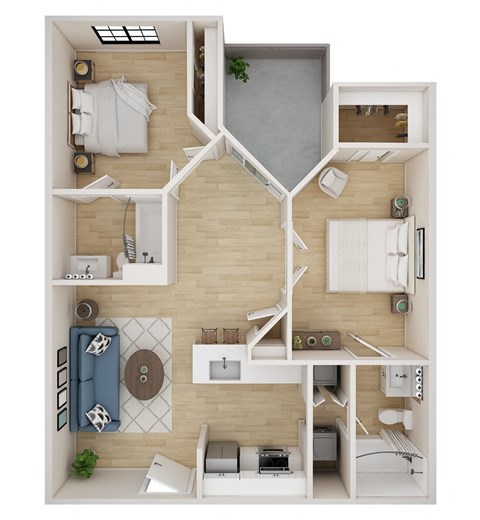 Floor plan for 2 beds, 2 baths, 739 sqft